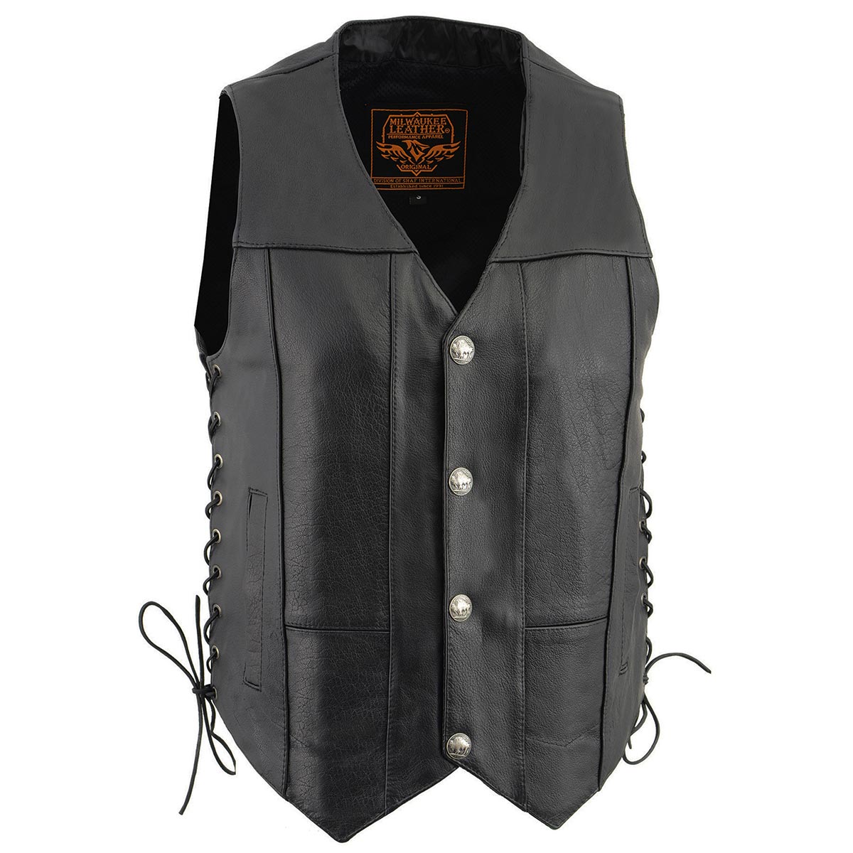 LKM3701 Men's Black Leather Classic V-Neck Motorcycle Rider Vest w/ Buffalo Snaps and Side Laces