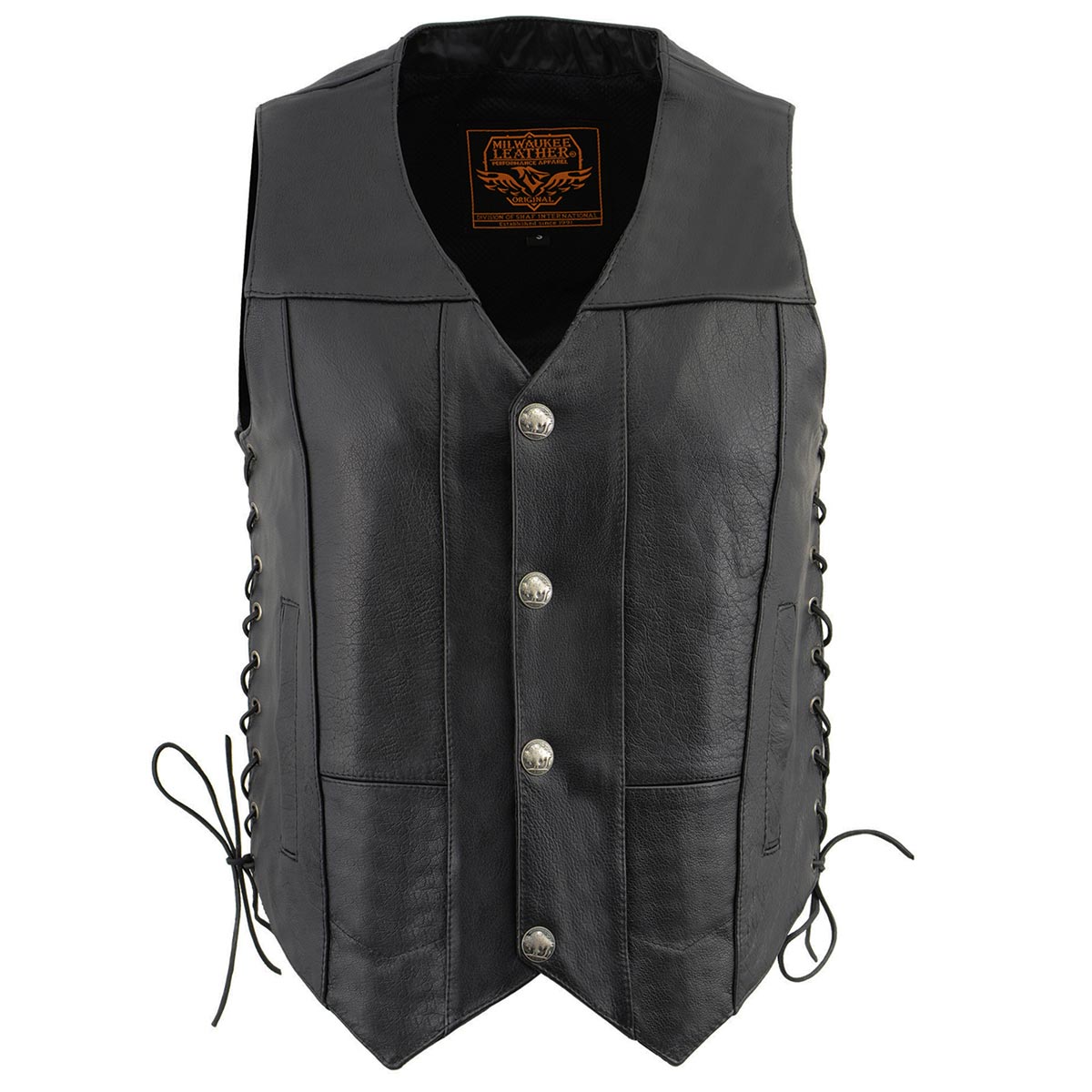 LKM3701 Men's Black Leather Classic V-Neck Motorcycle Rider Vest w/ Buffalo Snaps and Side Laces