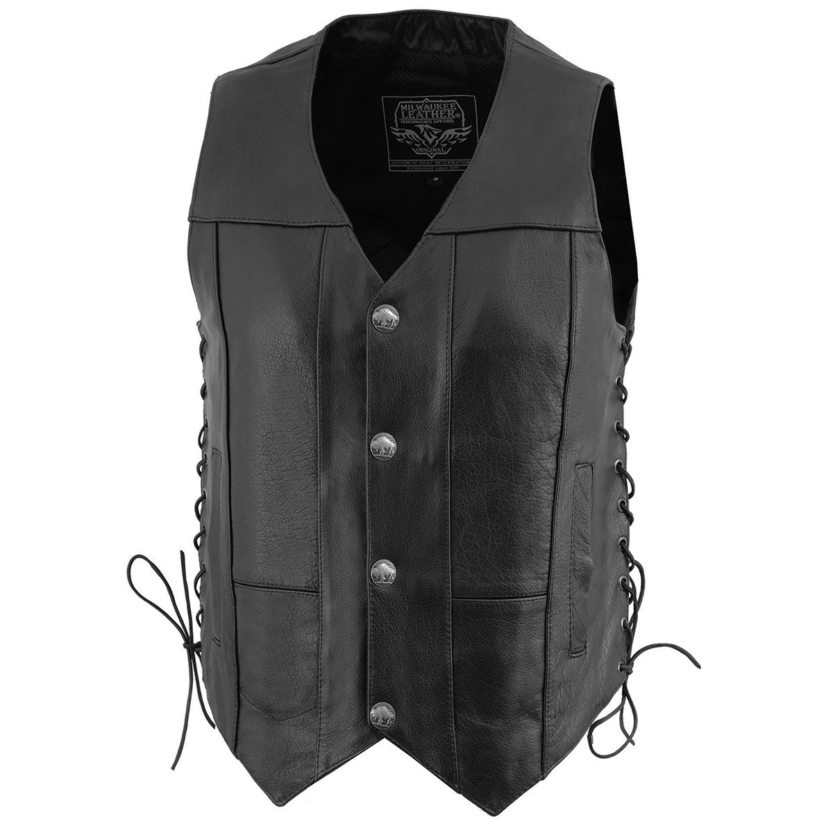 LKM3701 Men's Black Leather Classic V-Neck Motorcycle Rider Vest w/ Buffalo Snaps and Side Laces