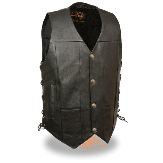 LKM3701 Men's Black Leather Classic V-Neck Motorcycle Rider Vest w/ Buffalo Snaps and Side Laces