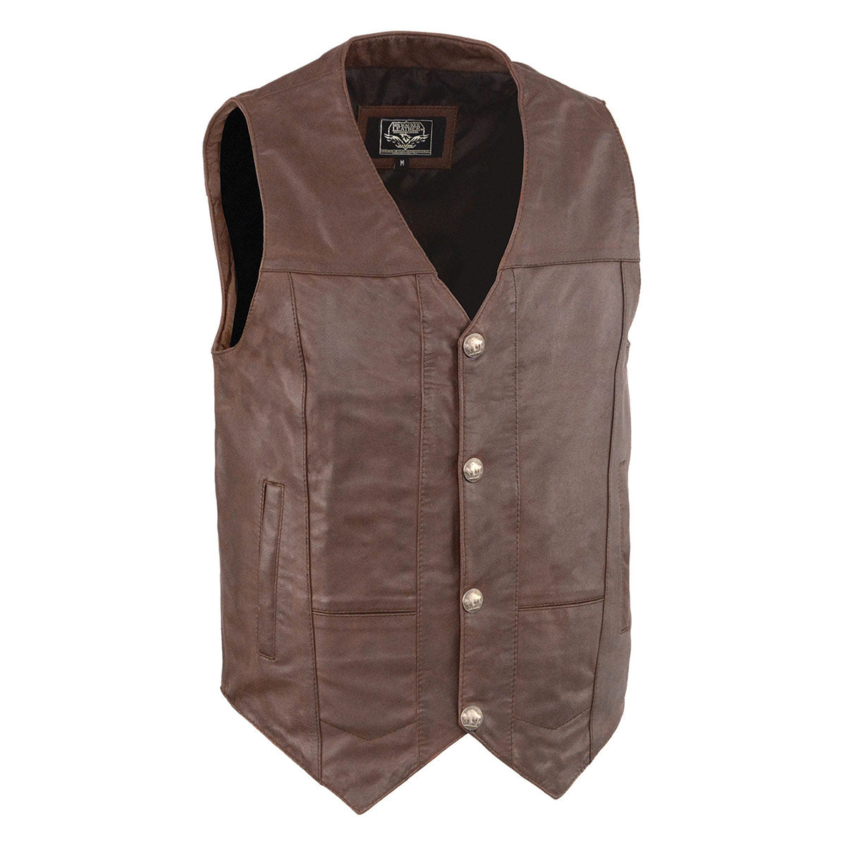 LKM3702 Men's Leather V-Neck Western Style Motorcycle Rider Vest w/Classic Buffalo Snaps Closure
