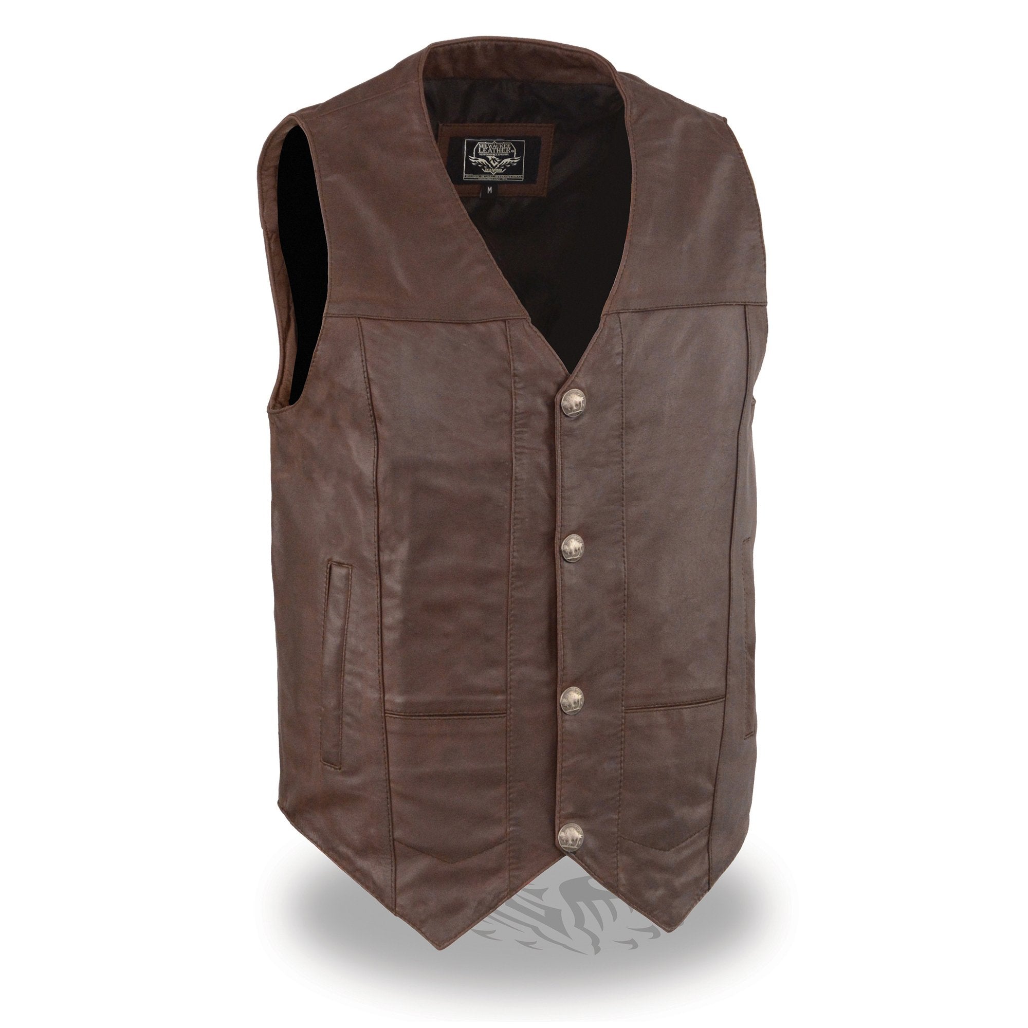 LKM3702 Men's Leather V-Neck Western Style Motorcycle Rider Vest w/Classic Buffalo Snaps Closure