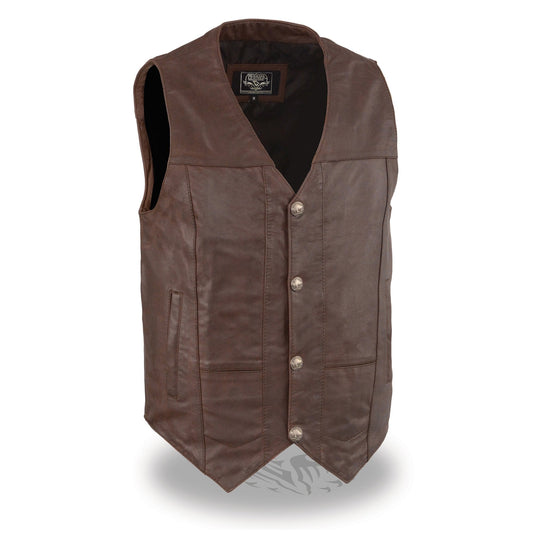 LKM3702 Men's Leather V-Neck Western Style Motorcycle Rider Vest w/Classic Buffalo Snaps Closure