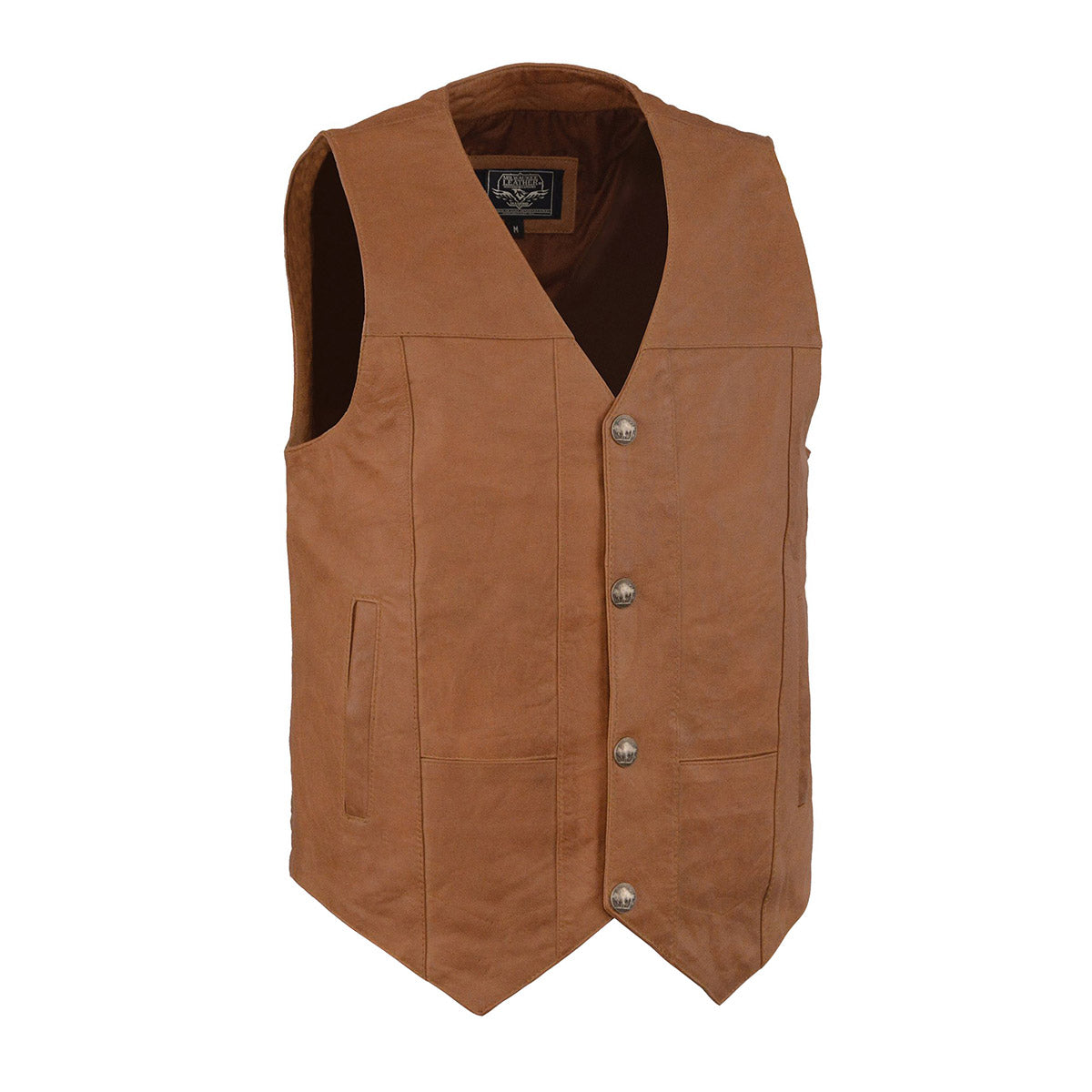 LKM3702 Men's Saddle Leather Classic V-Neck Western Style Motorcycle Rider Vest w/ Buffalo Snaps