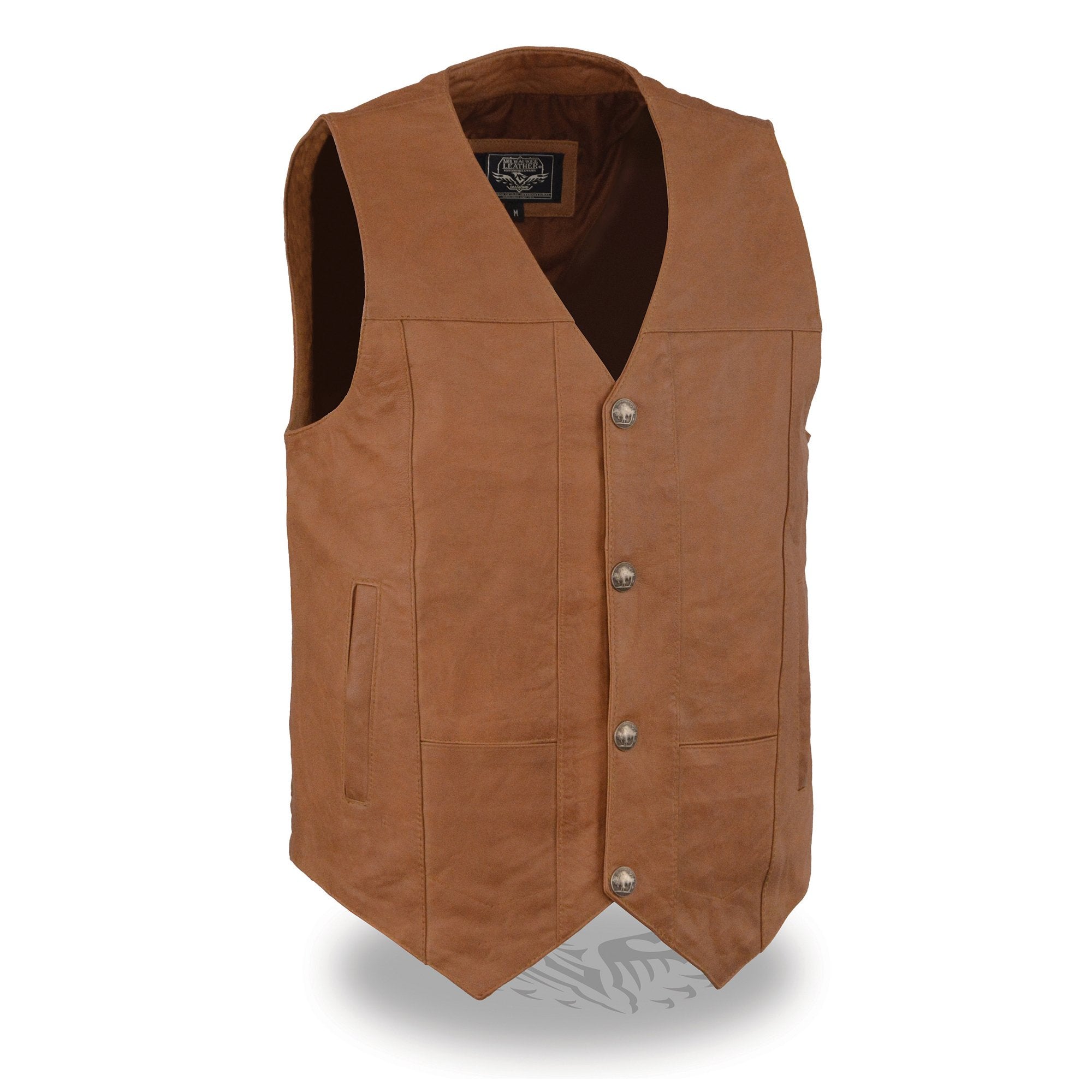LKM3702 Men's Saddle Leather Classic V-Neck Western Style Motorcycle Rider Vest w/ Buffalo Snaps