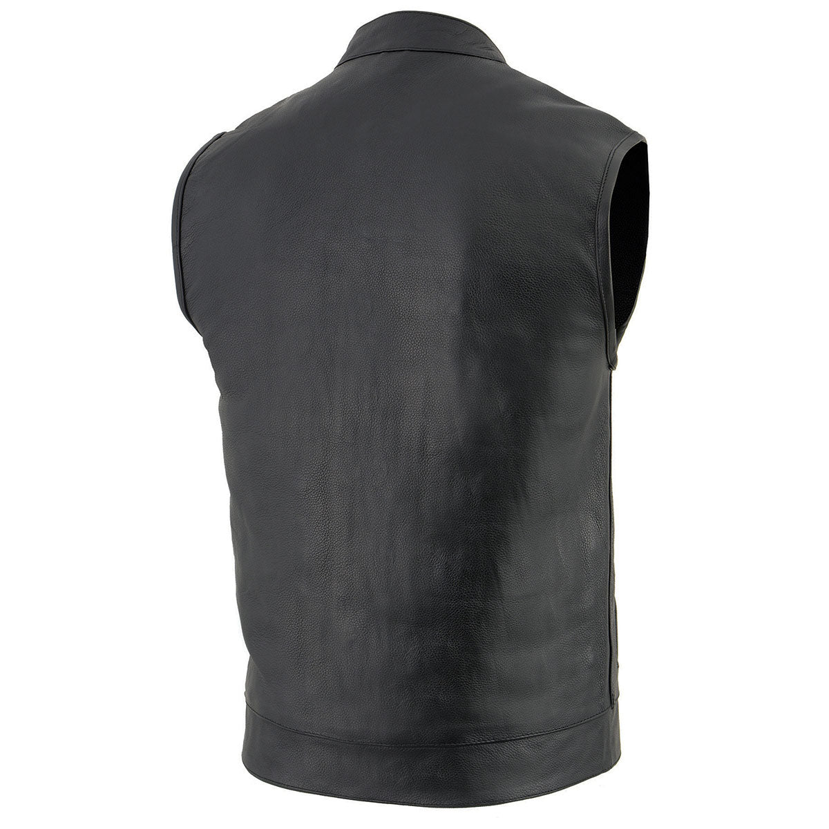 LKM3710 Men's Black Leather Club Style Motorcycle Rider Vest w/ Zipper and Snap Button Closure