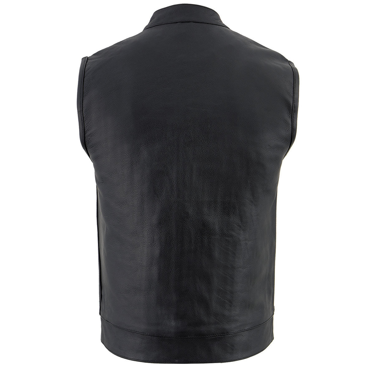 LKM3710 Men's Black Leather Club Style Motorcycle Rider Vest w/ Zipper and Snap Button Closure