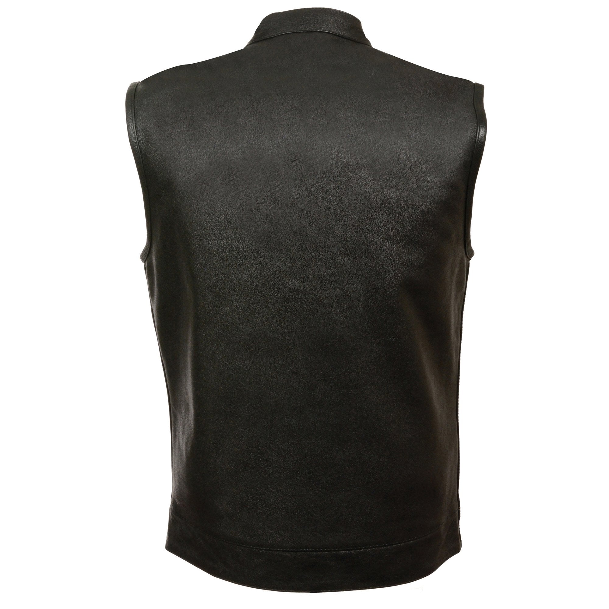 LKM3710 Men's Black Leather Club Style Motorcycle Rider Vest w/ Zipper and Snap Button Closure