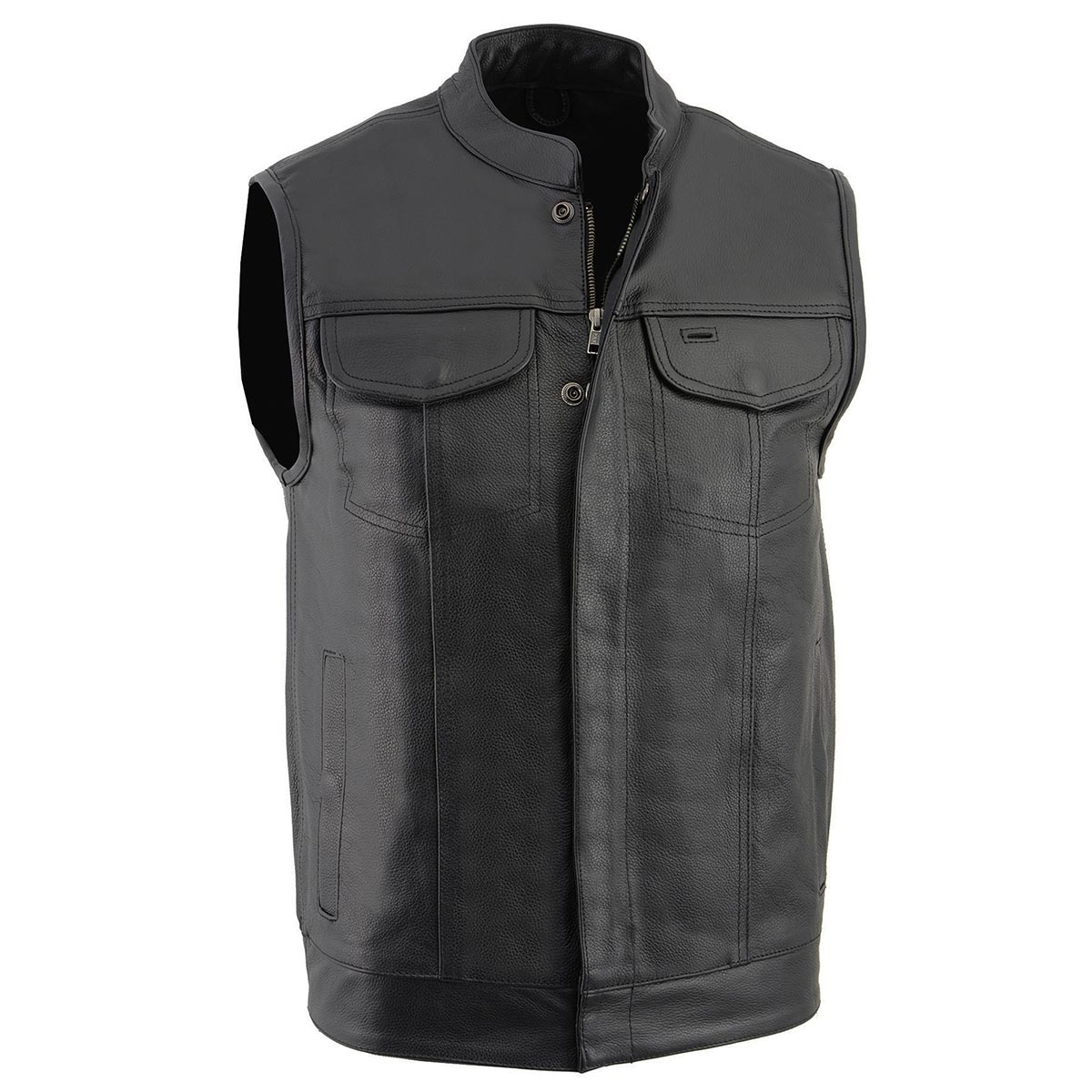 LKM3710 Men's Black Leather Club Style Motorcycle Rider Vest w/ Zipper and Snap Button Closure