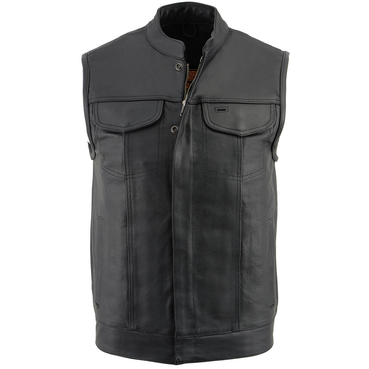 LKM3710 Men's Black Leather Club Style Motorcycle Rider Vest w/ Zipper and Snap Button Closure