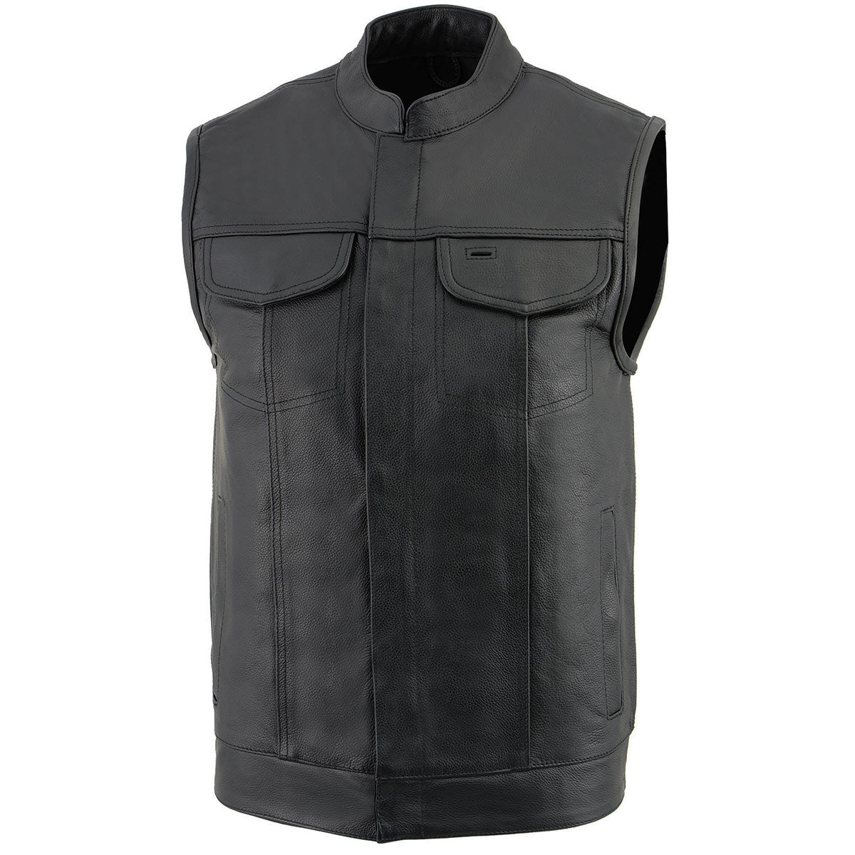 LKM3710 Men's Black Leather Club Style Motorcycle Rider Vest w/ Zipper and Snap Button Closure