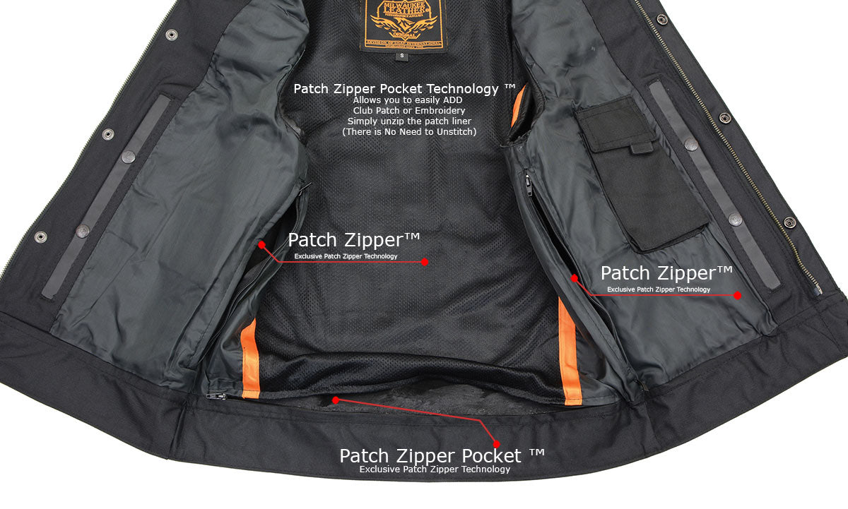 LKM3710 Men's Black Leather Club Style Motorcycle Rider Vest w/ Zipper and Snap Button Closure