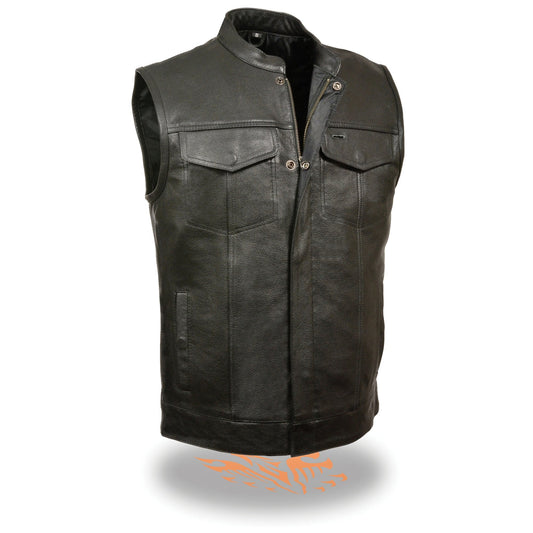 LKM3710 Men's Black Leather Club Style Motorcycle Rider Vest w/ Zipper and Snap Button Closure