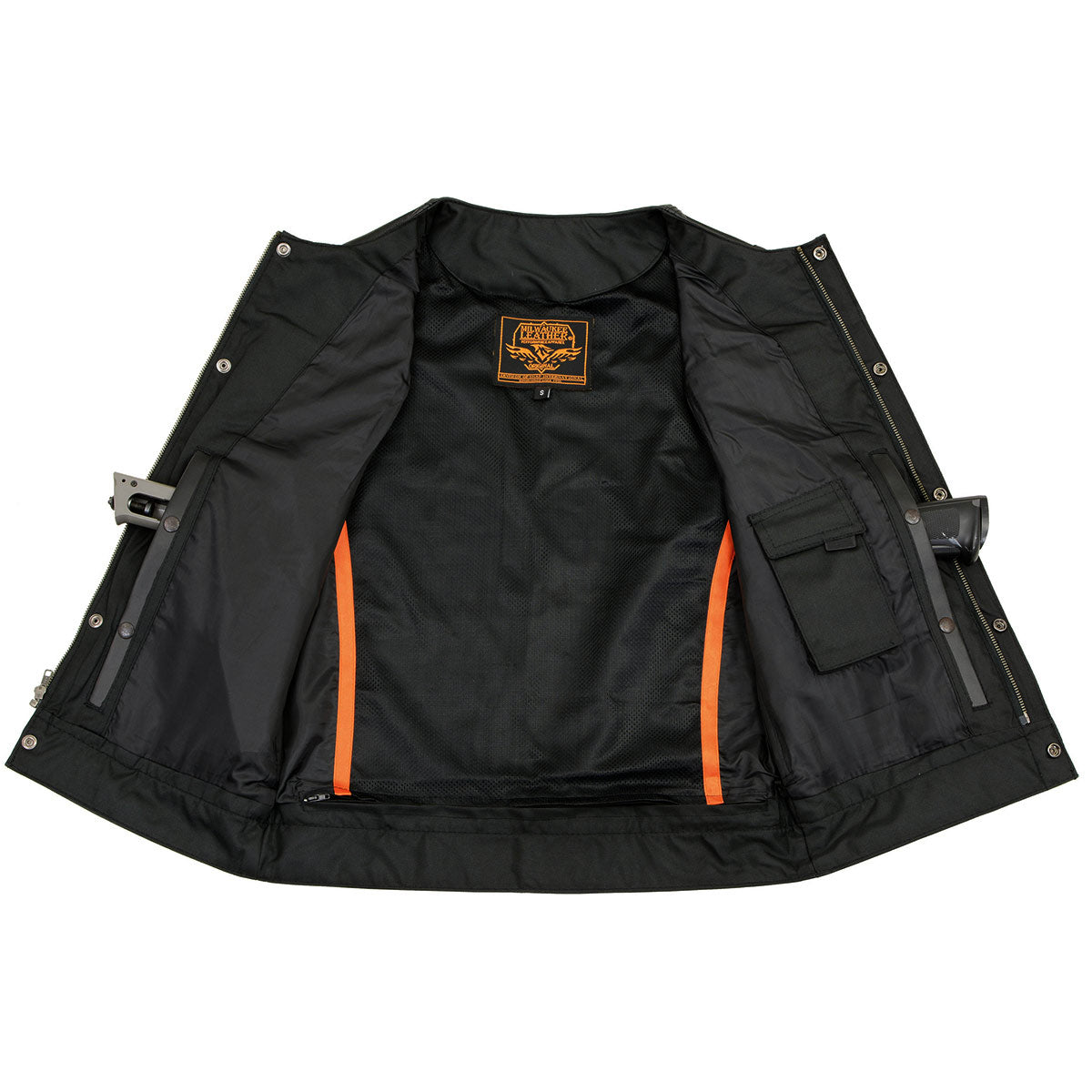 LKM3711 Men's Black Leather Collarless Club Style Motorcycle Rider Vest w/ Dual Front Closure