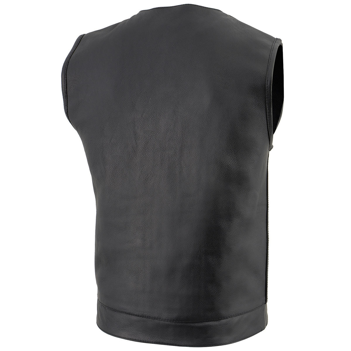 LKM3711 Men's Black Leather Collarless Club Style Motorcycle Rider Vest w/ Dual Front Closure