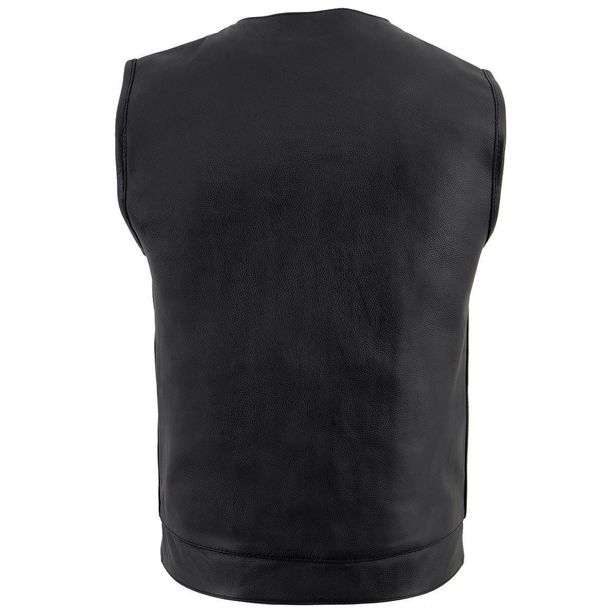 LKM3711 Men's Black Leather Collarless Club Style Motorcycle Rider Vest w/ Dual Front Closure