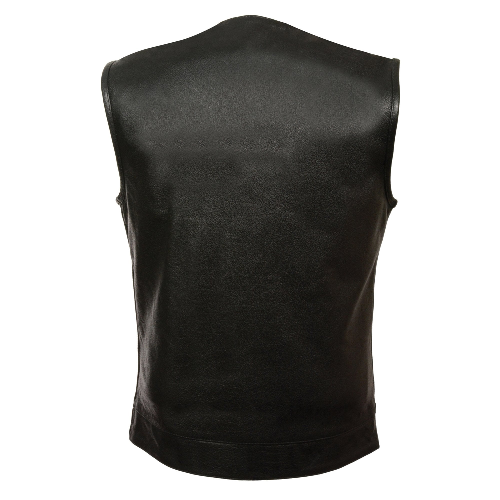 LKM3711 Men's Black Leather Collarless Club Style Motorcycle Rider Vest w/ Dual Front Closure