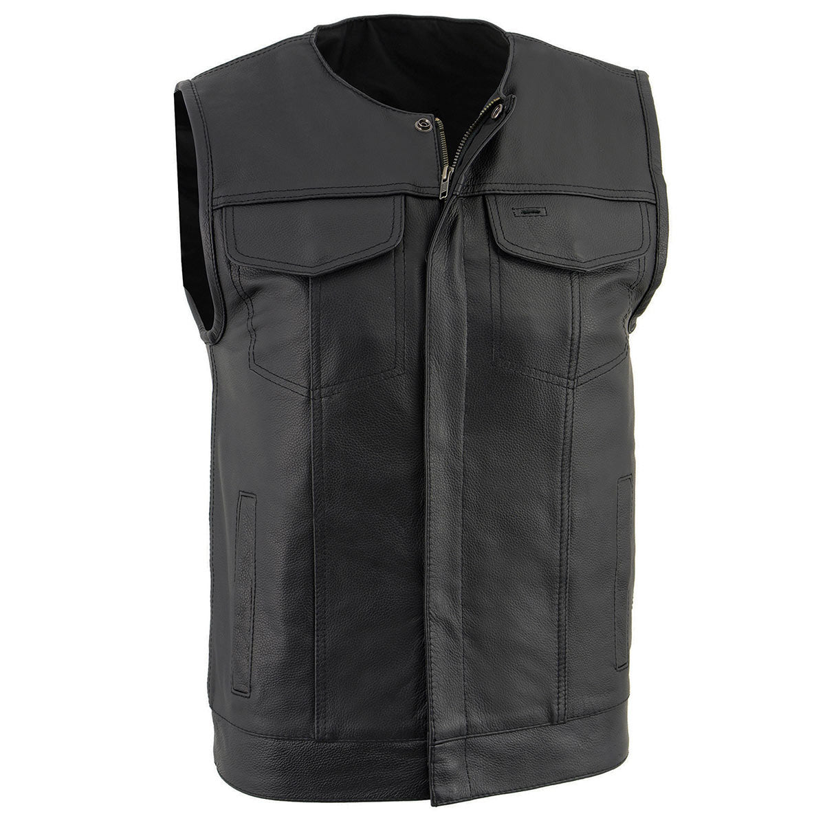 LKM3711 Men's Black Leather Collarless Club Style Motorcycle Rider Vest w/ Dual Front Closure