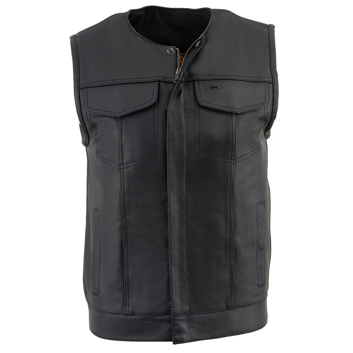 LKM3711 Men's Black Leather Collarless Club Style Motorcycle Rider Vest w/ Dual Front Closure