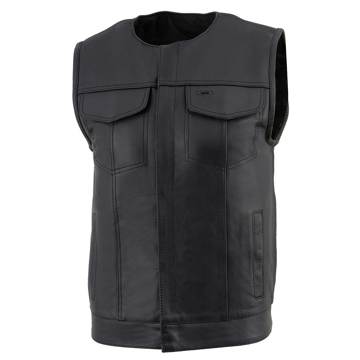 LKM3711 Men's Black Leather Collarless Club Style Motorcycle Rider Vest w/ Dual Front Closure