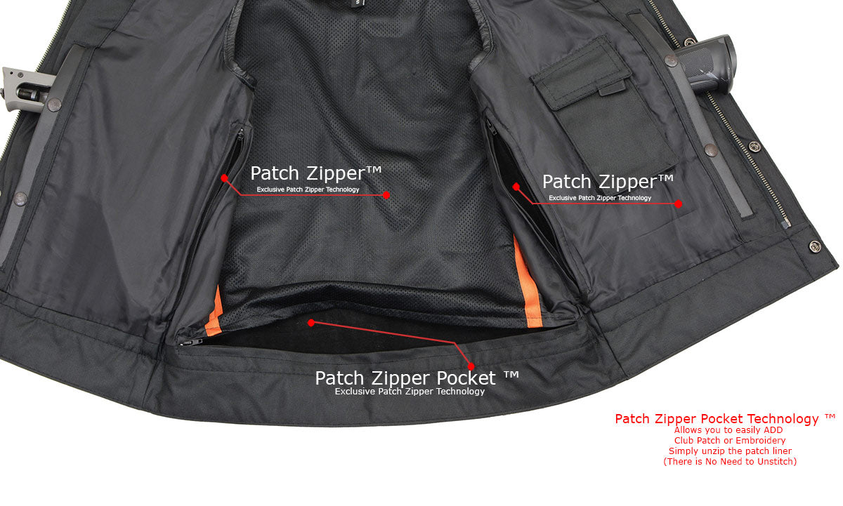 LKM3711 Men's Black Leather Collarless Club Style Motorcycle Rider Vest w/ Dual Front Closure