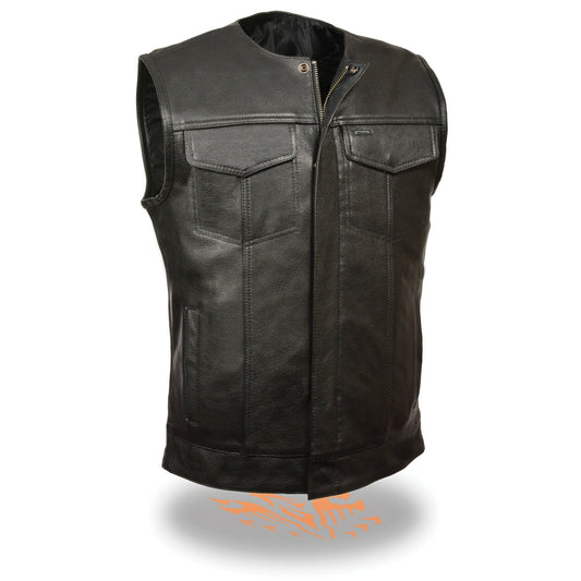 LKM3711 Men's Black Leather Collarless Club Style Motorcycle Rider Vest w/ Dual Front Closure