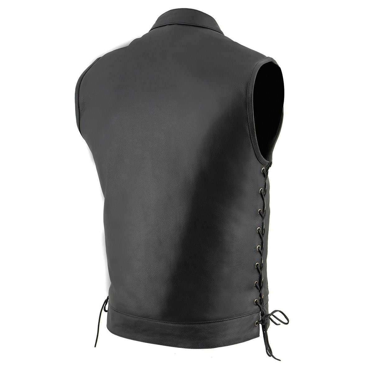 LKM3712 Men's Black Leather Club Style Motorcycle Rider Vest w/ Front Snap/Zipper and Side Lace