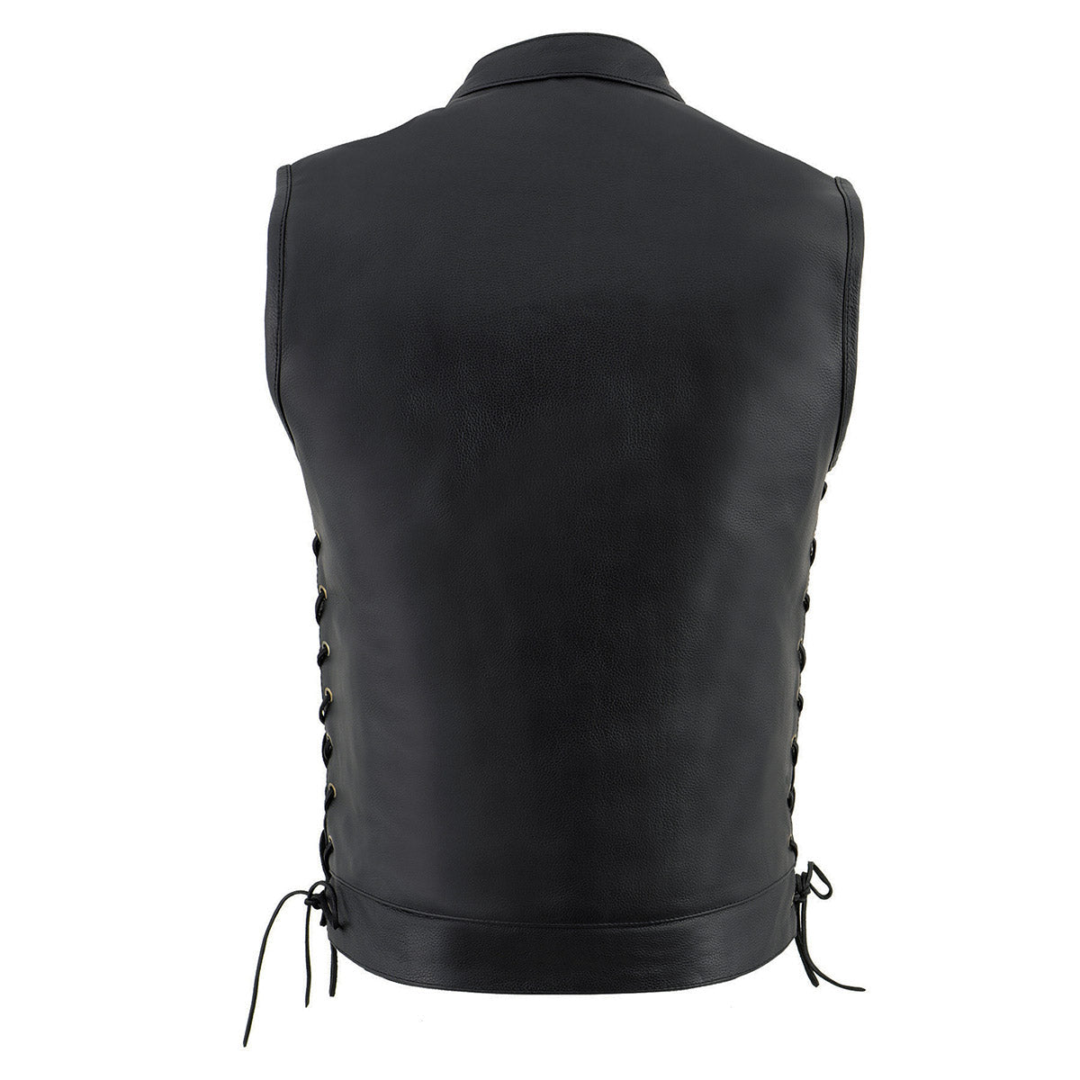 LKM3712 Men's Black Leather Club Style Motorcycle Rider Vest w/ Front Snap/Zipper and Side Lace