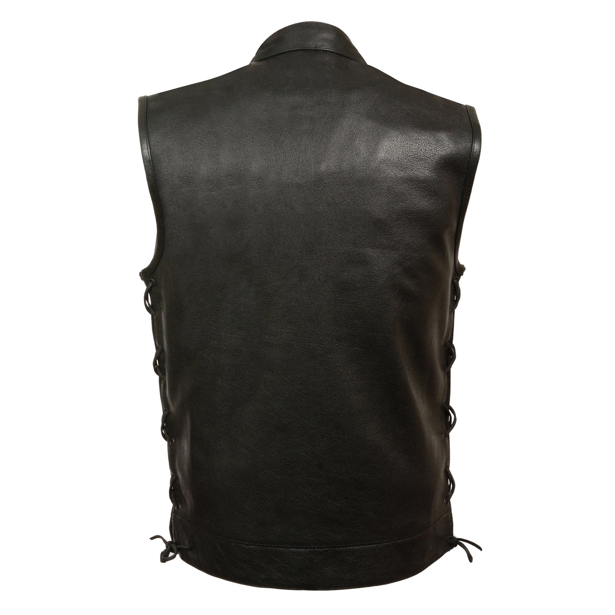 LKM3712 Men's Black Leather Club Style Motorcycle Rider Vest w/ Front Snap/Zipper and Side Lace