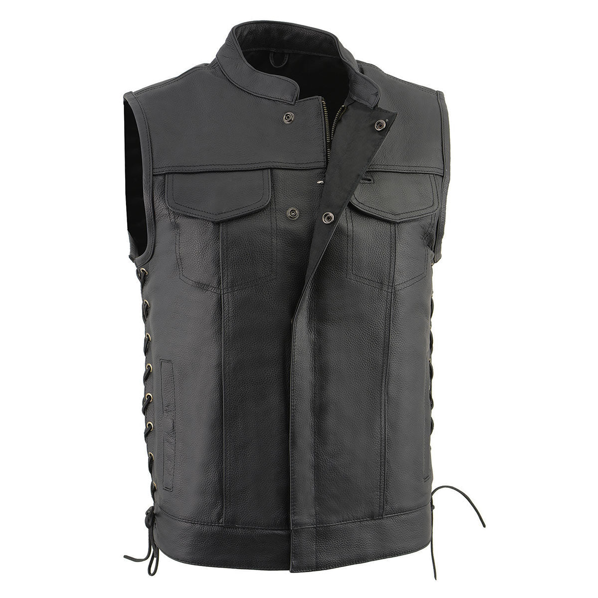 LKM3712 Men's Black Leather Club Style Motorcycle Rider Vest w/ Front Snap/Zipper and Side Lace
