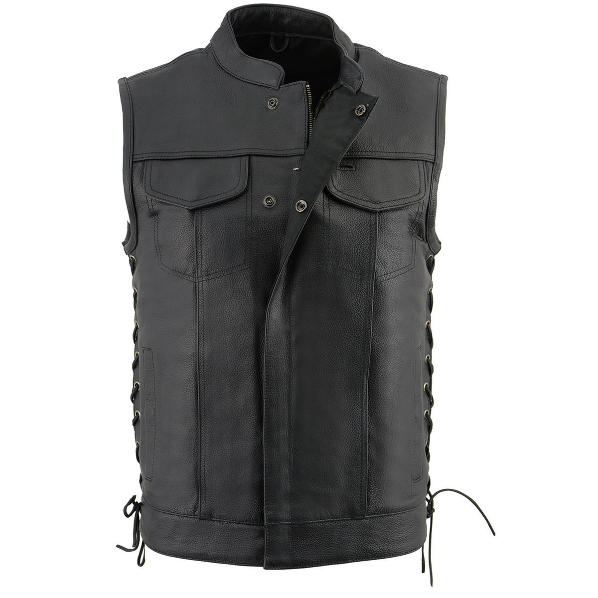 LKM3712 Men's Black Leather Club Style Motorcycle Rider Vest w/ Front Snap/Zipper and Side Lace