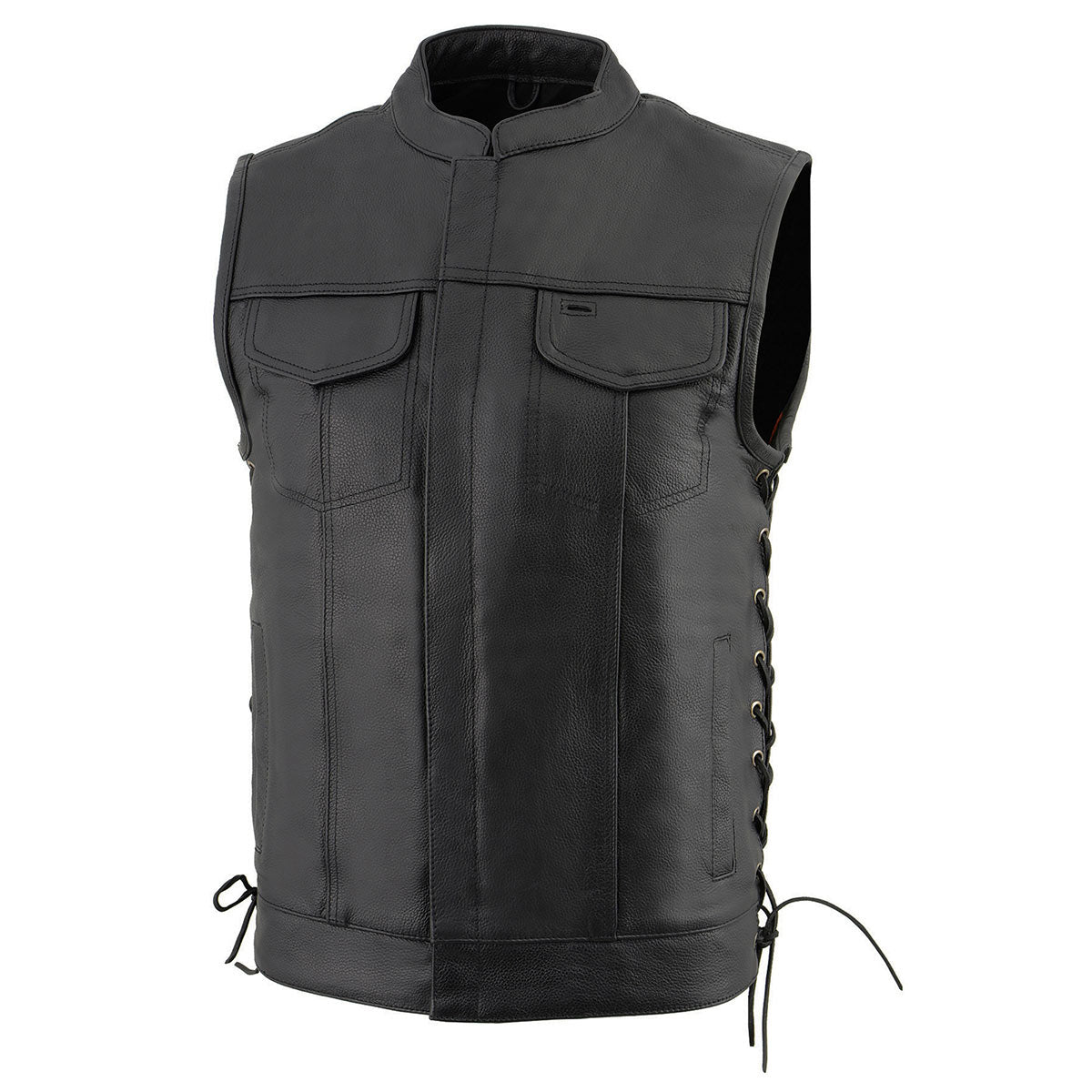 LKM3712 Men's Black Leather Club Style Motorcycle Rider Vest w/ Front Snap/Zipper and Side Lace