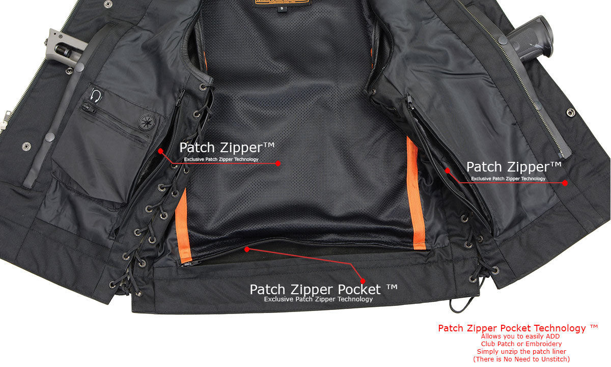 LKM3712 Men's Black Leather Club Style Motorcycle Rider Vest w/ Front Snap/Zipper and Side Lace