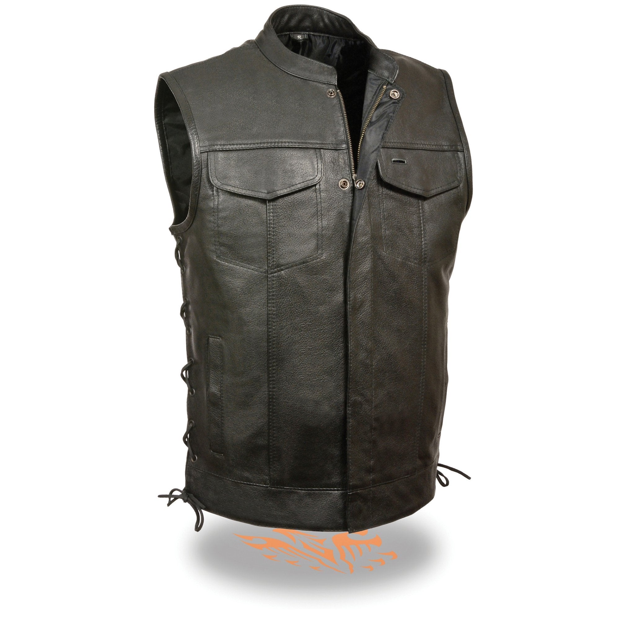 LKM3712 Men's Black Leather Club Style Motorcycle Rider Vest w/ Front Snap/Zipper and Side Lace