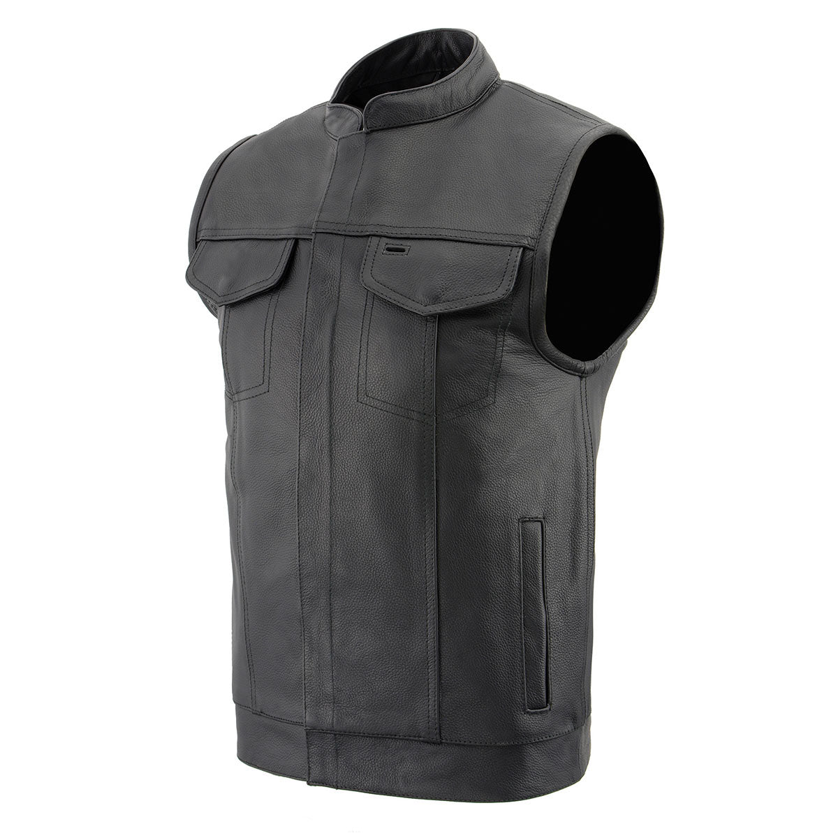 LKM3713 Men's Black Leather Club Style Motorcycle Rider Vest W/ Dual Closure Zipper and Snaps