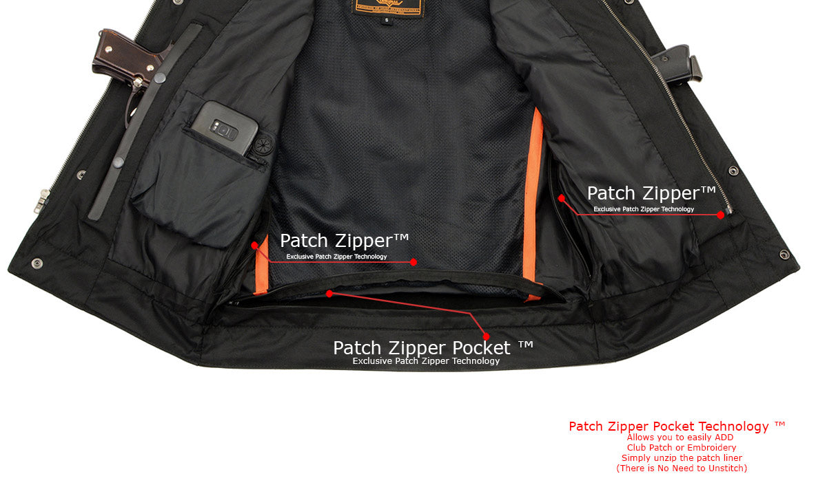 LKM3713 Men's Black Leather Club Style Motorcycle Rider Vest W/ Dual Closure Zipper and Snaps