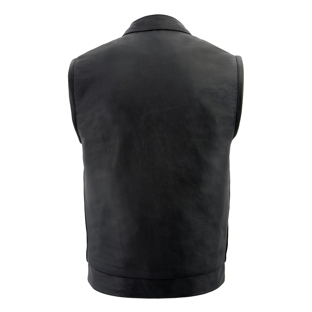 LKM3713 Men's Black Leather Club Style Motorcycle Rider Vest W/ Dual Closure Zipper and Snaps