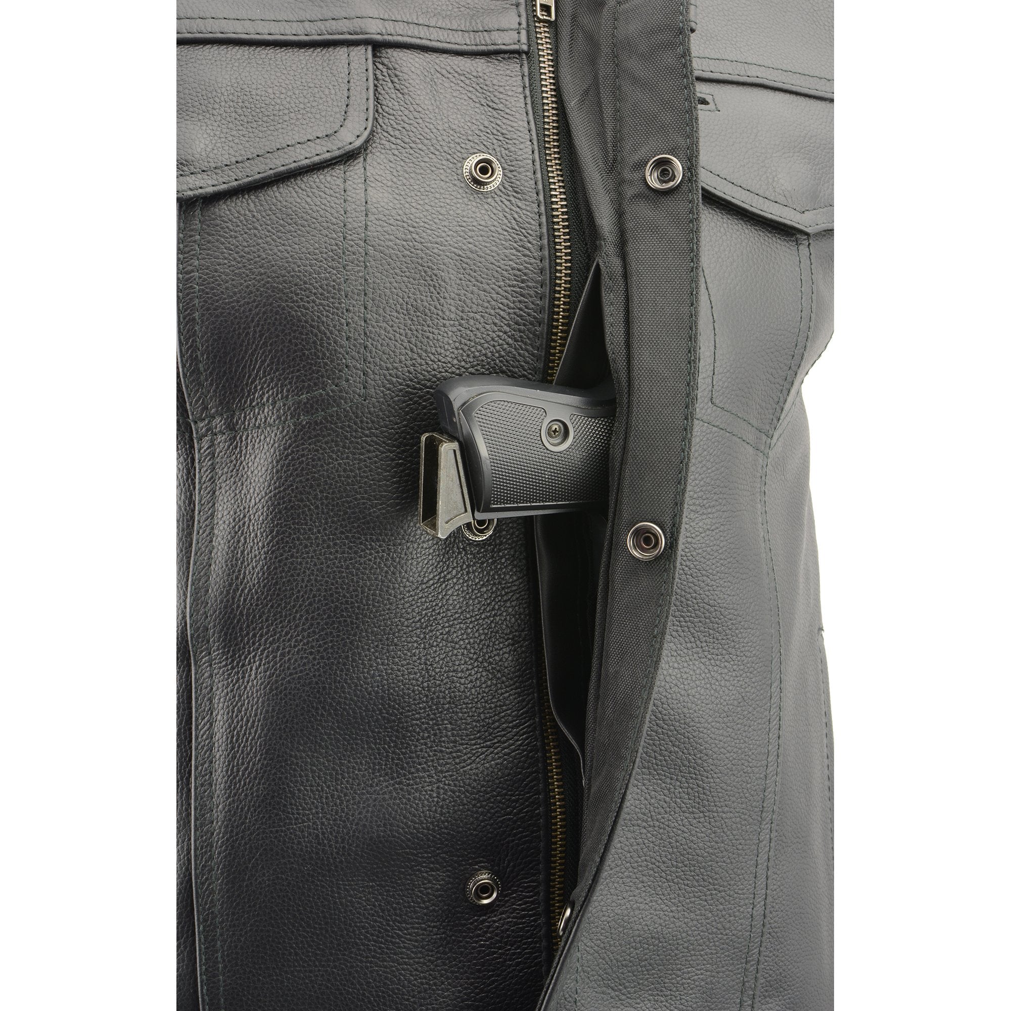 LKM3713 Men's Black Leather Club Style Motorcycle Rider Vest W/ Dual Closure Zipper and Snaps