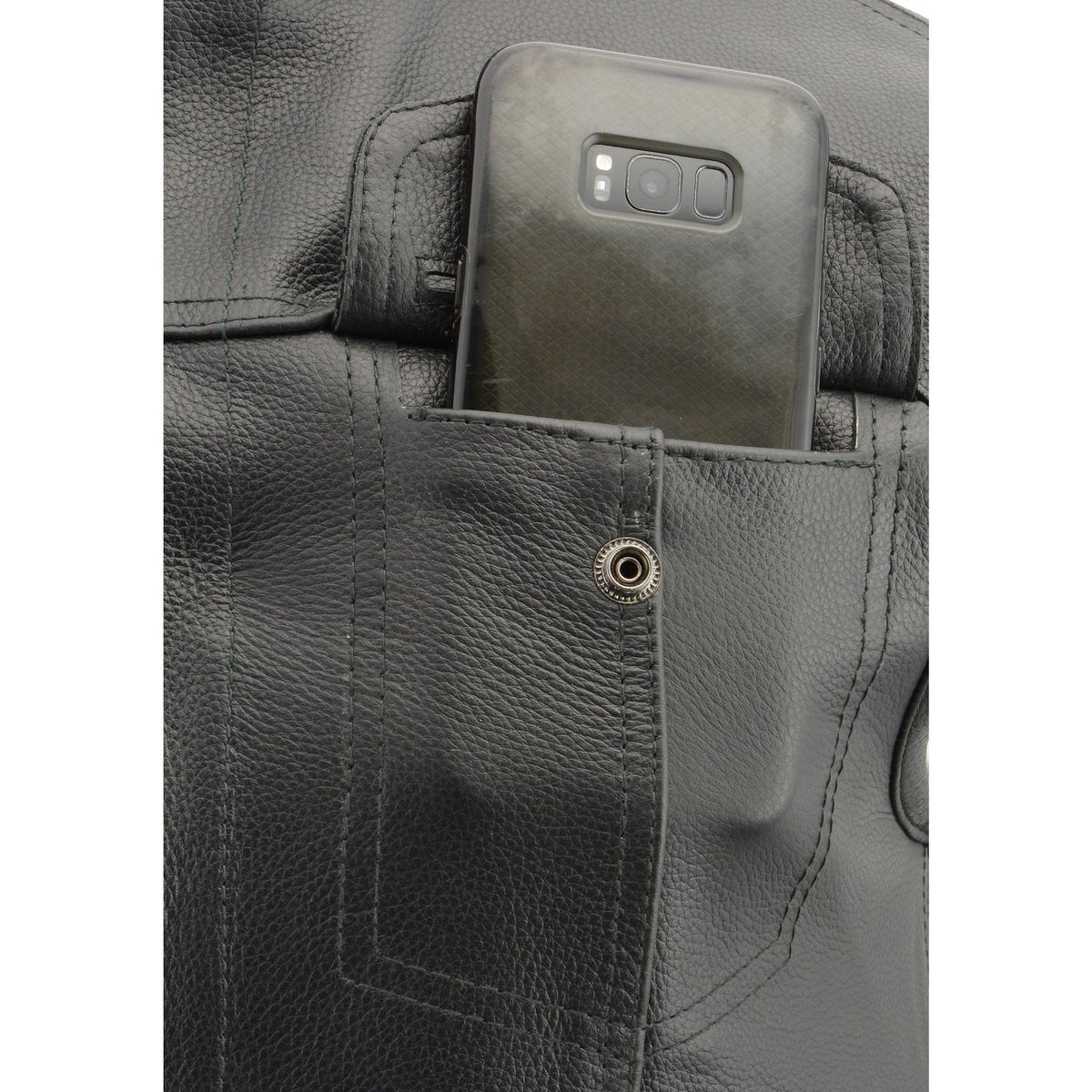 LKM3713 Men's Black Leather Club Style Motorcycle Rider Vest W/ Dual Closure Zipper and Snaps