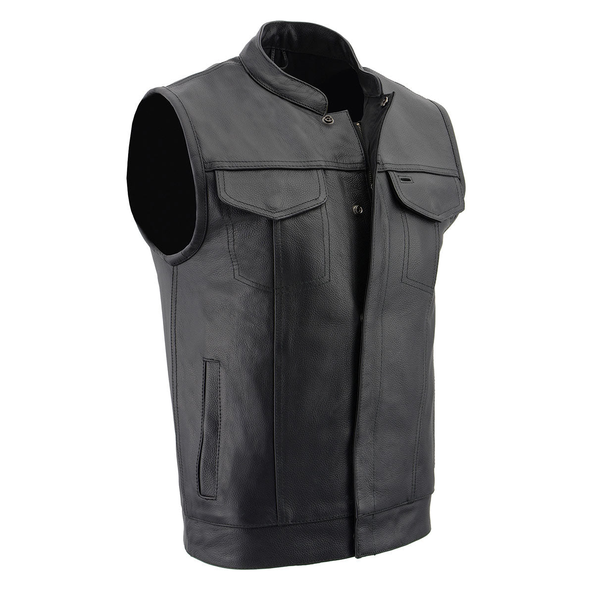 LKM3713 Men's Black Leather Club Style Motorcycle Rider Vest W/ Dual Closure Zipper and Snaps