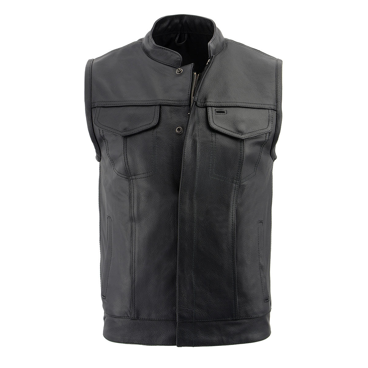 LKM3713 Men's Black Leather Club Style Motorcycle Rider Vest W/ Dual Closure Zipper and Snaps