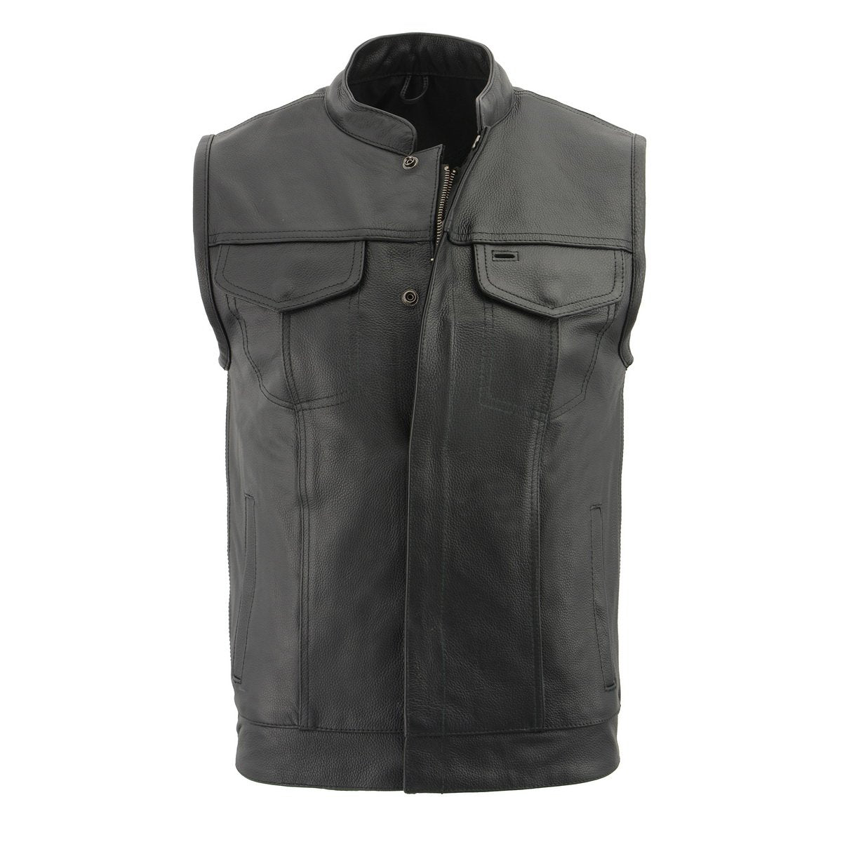 LKM3713 Men's Black Leather Club Style Motorcycle Rider Vest W/ Dual Closure Zipper and Snaps