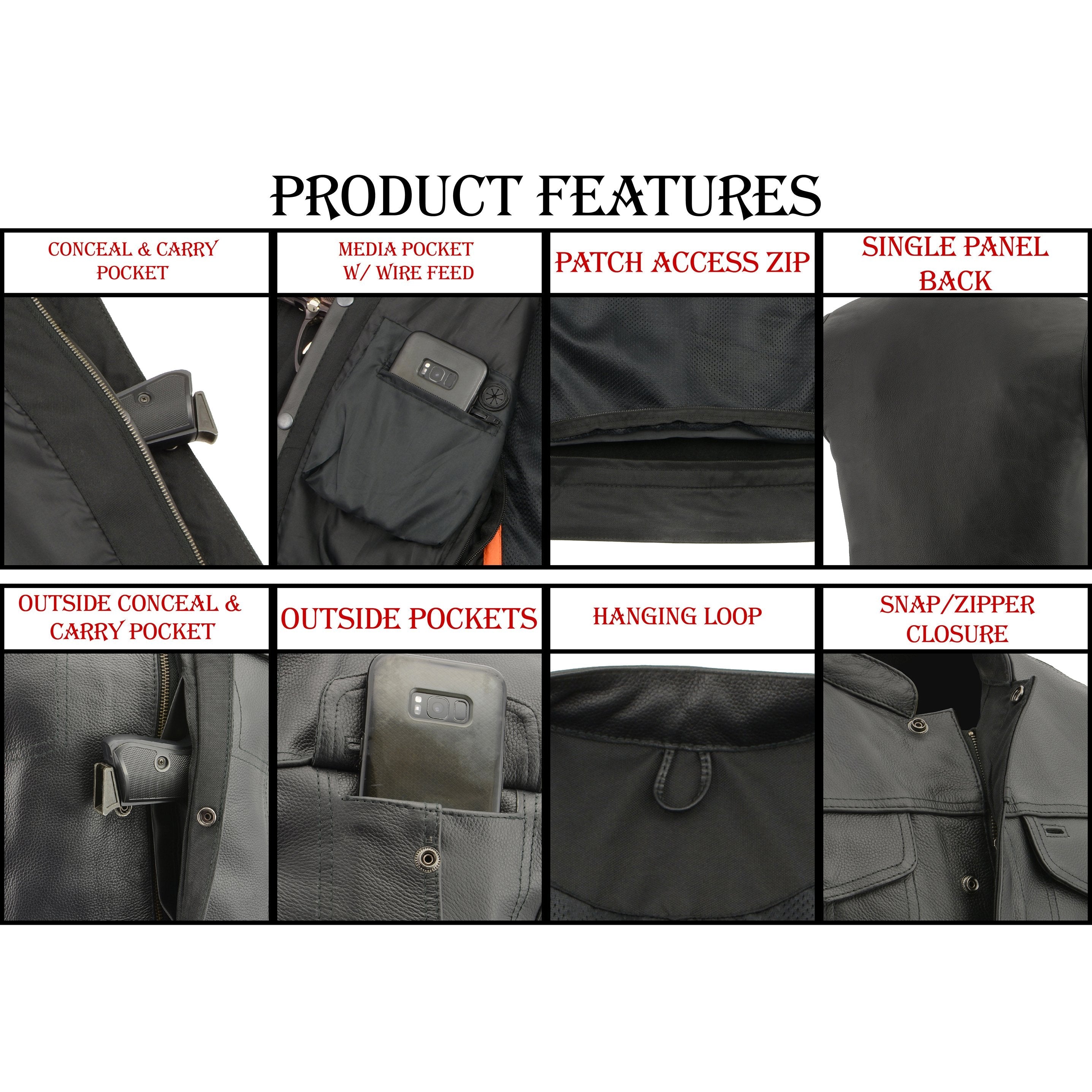 LKM3713 Men's Black Leather Club Style Motorcycle Rider Vest W/ Dual Closure Zipper and Snaps