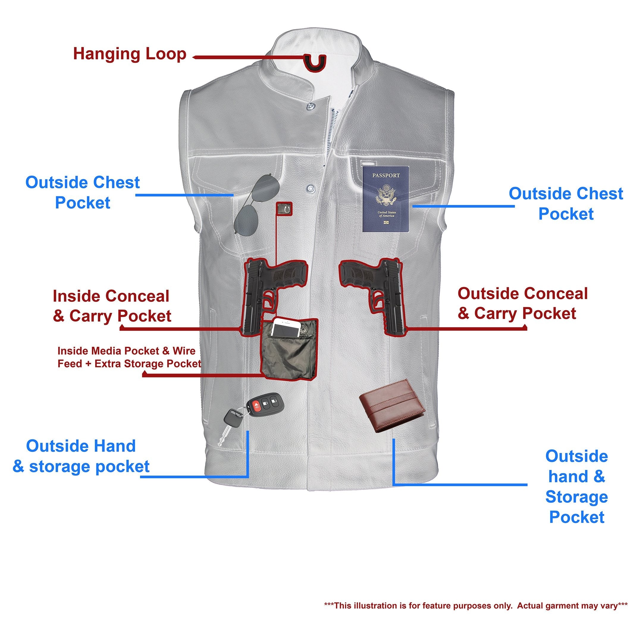 LKM3713 Men's Black Leather Club Style Motorcycle Rider Vest W/ Dual Closure Zipper and Snaps