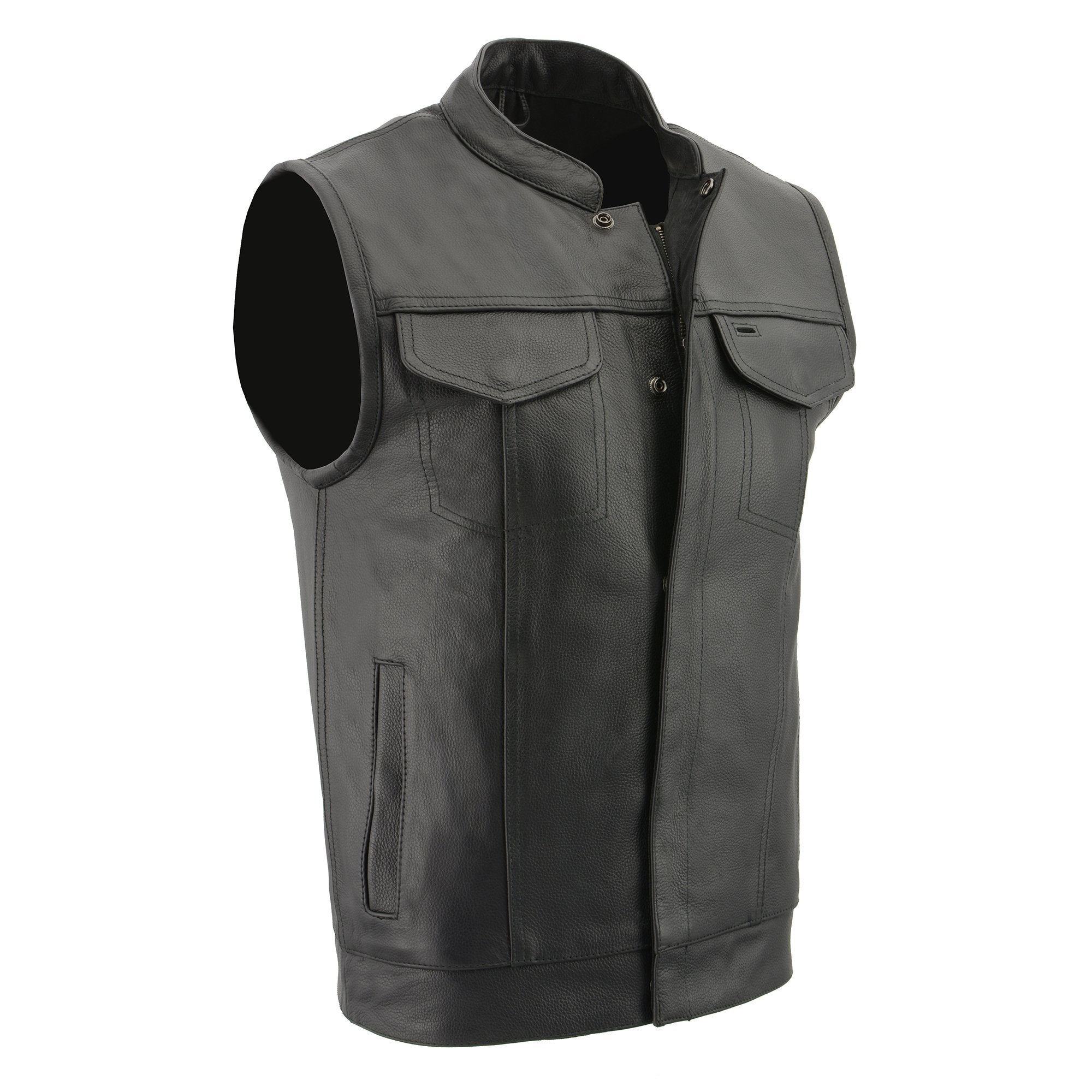 LKM3713 Men's Black Leather Club Style Motorcycle Rider Vest W/ Dual Closure Zipper and Snaps