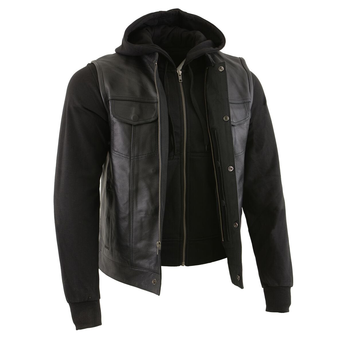 LKM3714 Men's Black Club Style '2 in 1' Zipper Leather Vest with Removable Full Sleeve Hoodie