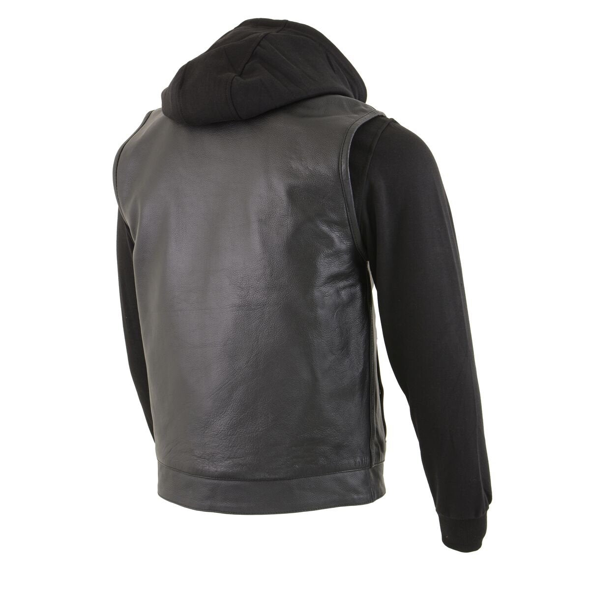 LKM3714 Men's Black Club Style '2 in 1' Zipper Leather Vest with Removable Full Sleeve Hoodie