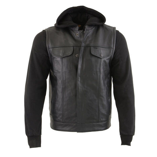 LKM3714 Men's Black Club Style '2 in 1' Zipper Leather Vest with Removable Full Sleeve Hoodie