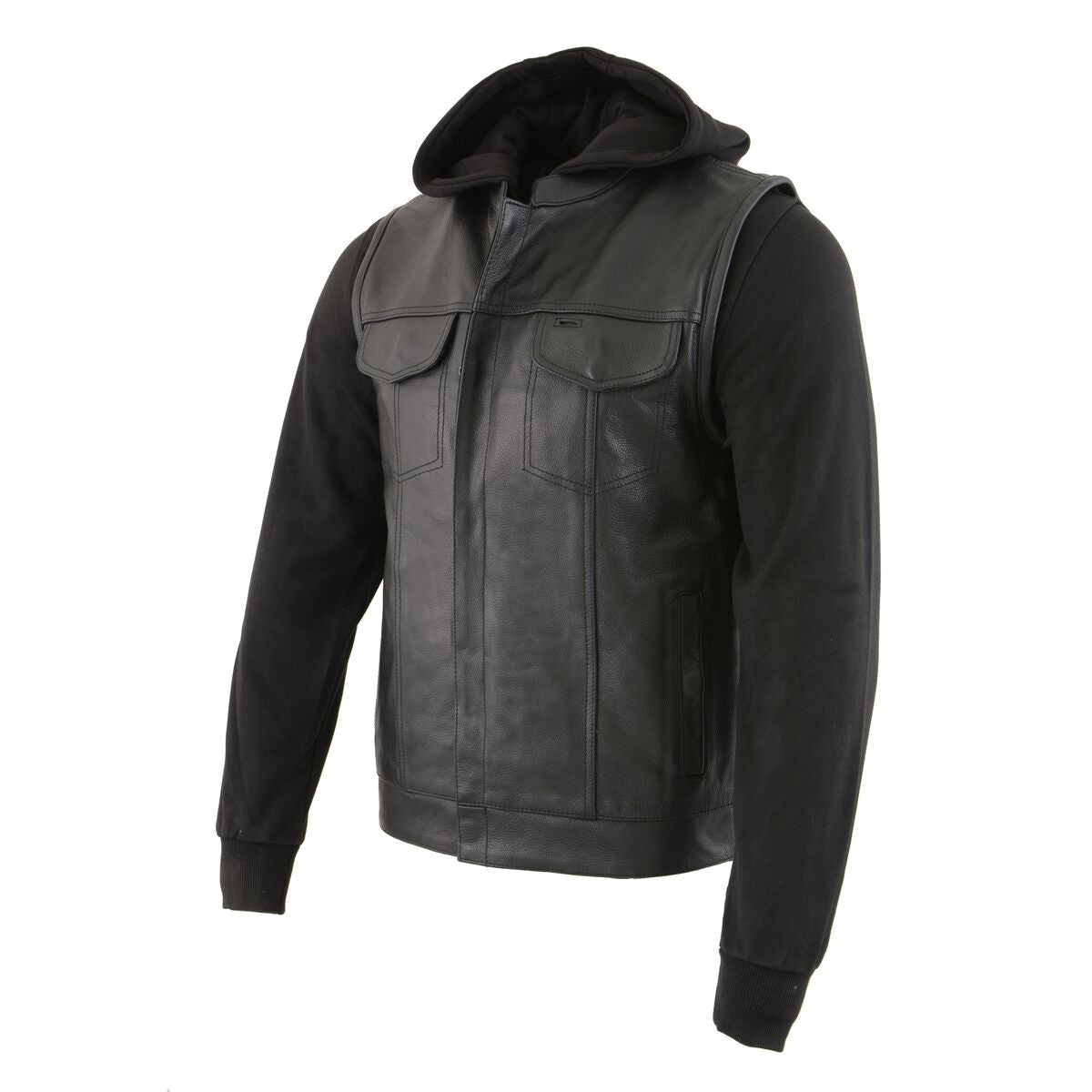 LKM3714 Men's Black Club Style '2 in 1' Zipper Leather Vest with Removable Full Sleeve Hoodie