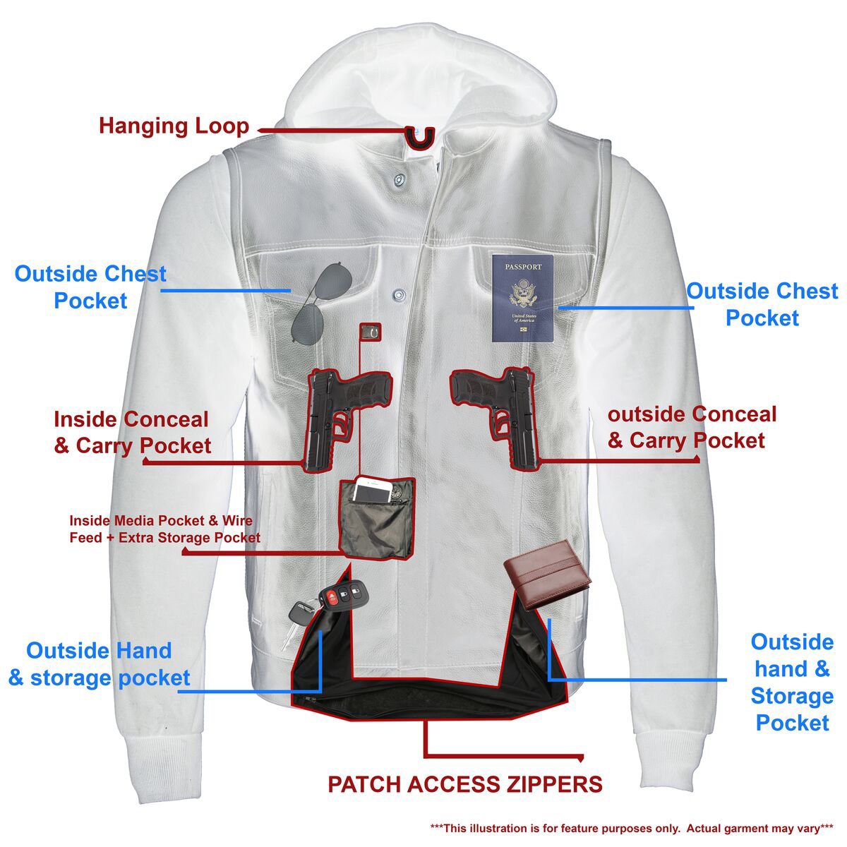 LKM3714 Men's Black Club Style '2 in 1' Zipper Leather Vest with Removable Full Sleeve Hoodie